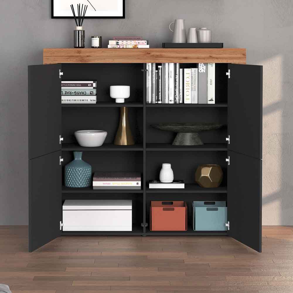 Centennial Small Wooden Storage Cabinet With 4 Doors In Matte Anthracite And Wotan Oak