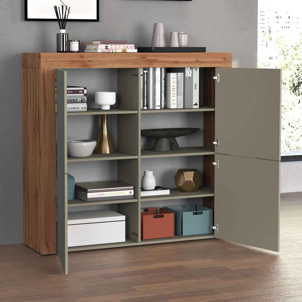 Centennial Small Wooden Storage Cabinet With 4 Doors In Taupe And Wotan Oak