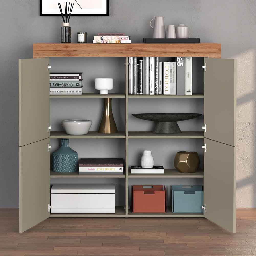 Centennial Small Wooden Storage Cabinet With 4 Doors In Taupe And Wotan Oak