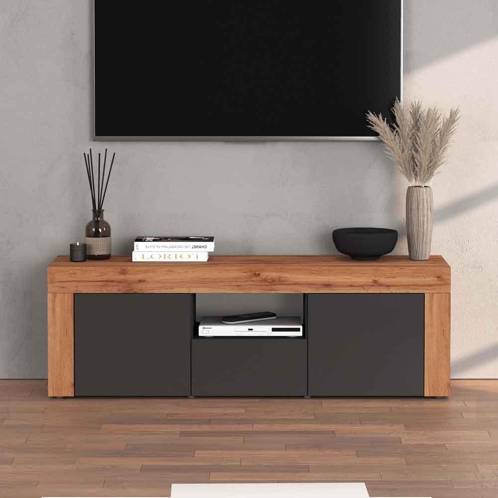 Centennial Wooden TV Stand With 2 Doors 1 Drawer In Matte Anthracite And Wotan Oak