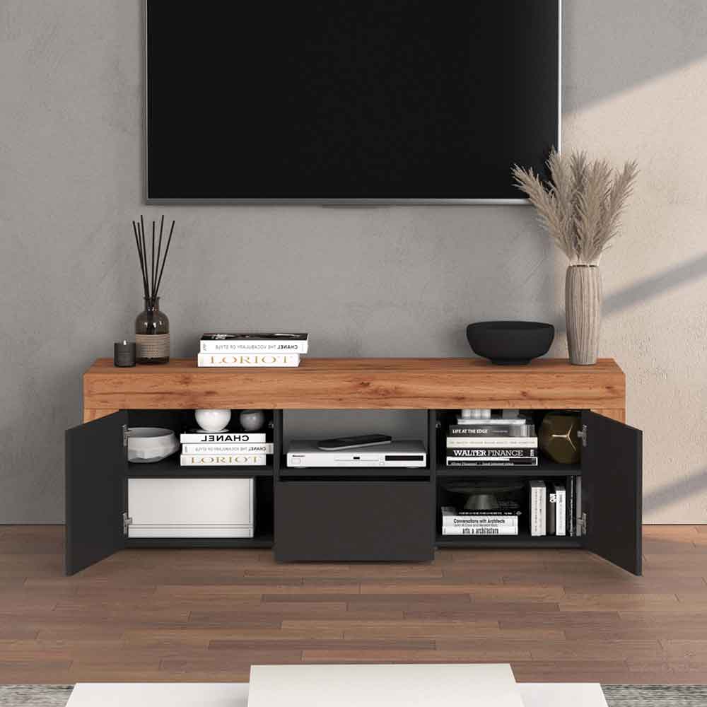 Centennial Wooden TV Stand With 2 Doors 1 Drawer In Matte Anthracite And Wotan Oak