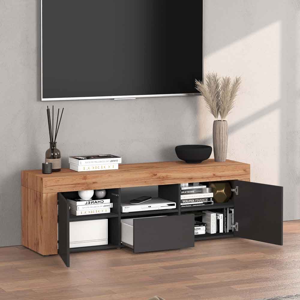Centennial Wooden TV Stand With 2 Doors 1 Drawer In Matte Anthracite And Wotan Oak