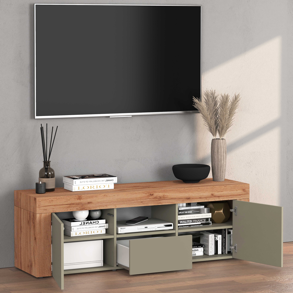 Centennial Wooden TV Stand With 2 Doors 1 Drawer In Taupe And Wotan Oak