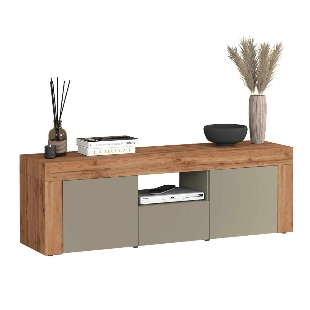 Centennial Wooden TV Stand With 2 Doors 1 Drawer In Taupe And Wotan Oak