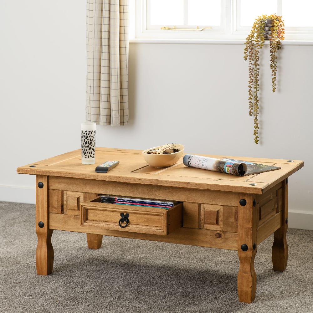 Read more about Central wooden coffee table with 1 drawer in oak