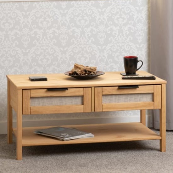 Read more about Central wooden coffee table with 2 drawers in oak
