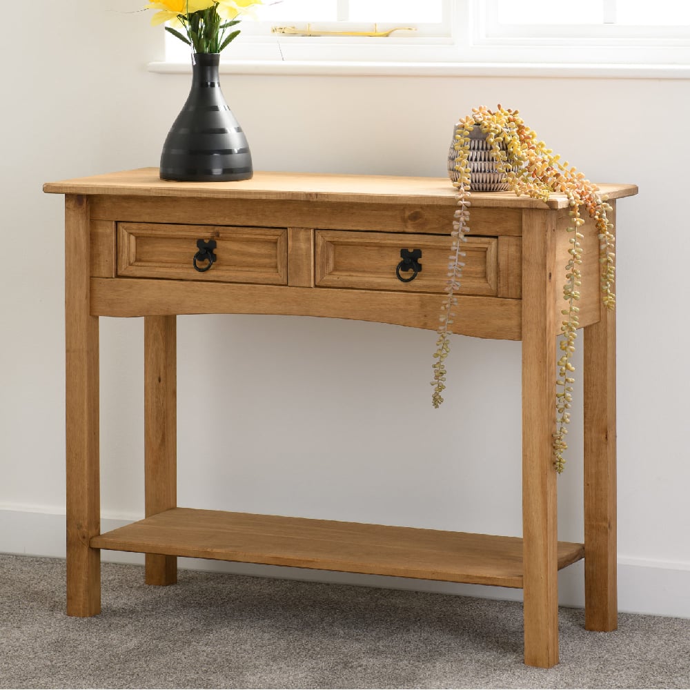Read more about Central wooden console table with 2 drawers in oak