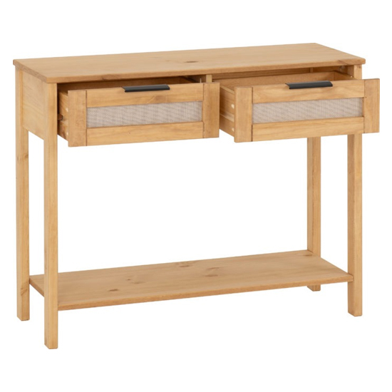 Central Wooden Console Table With 2 Rattan Drawers In Oak
