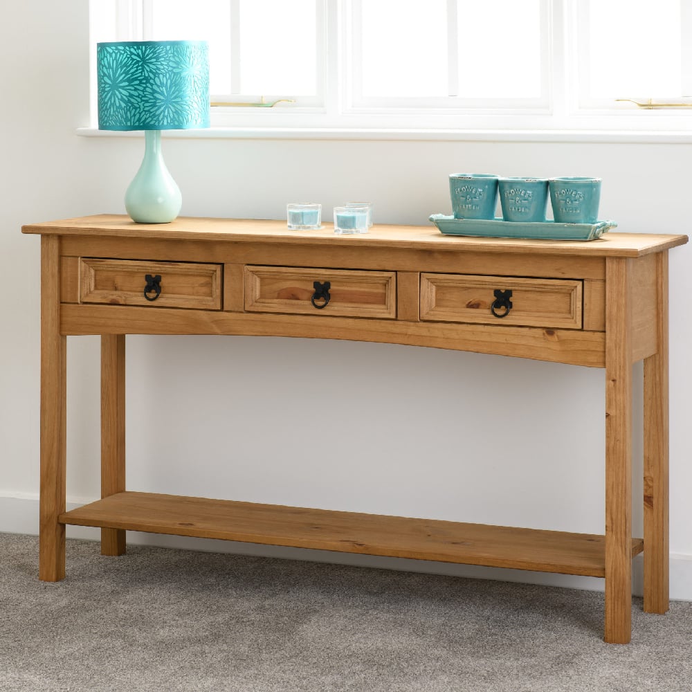 Read more about Central wooden console table with 3 drawers in oak