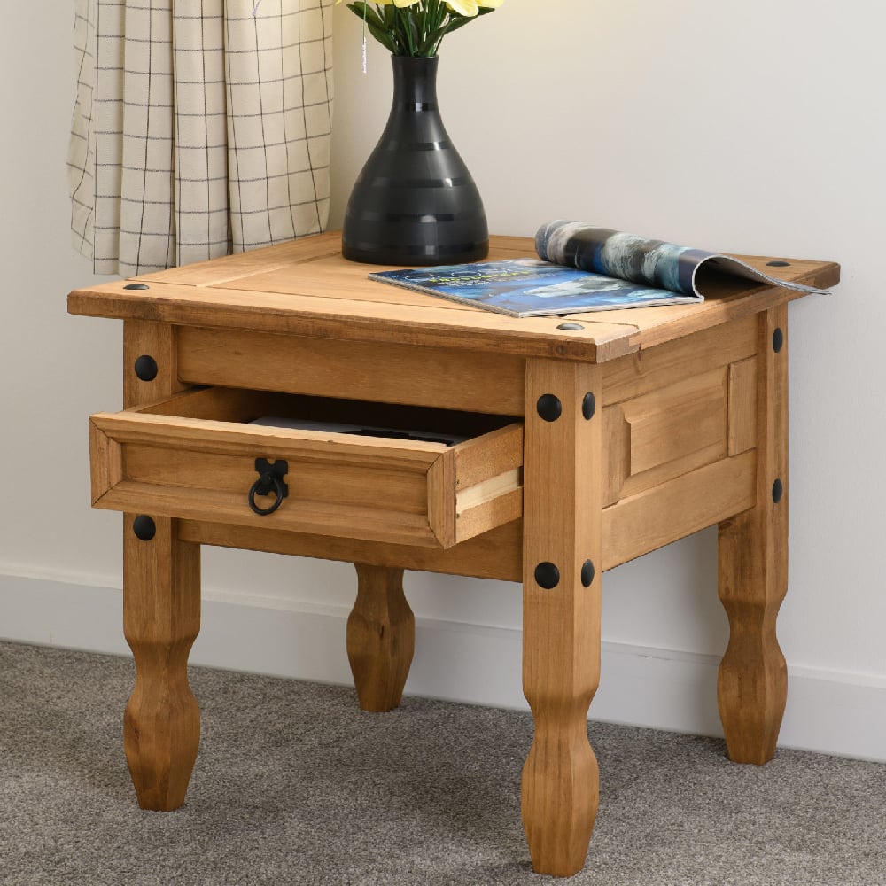 Read more about Central wooden lamp table with 1 drawer in oak