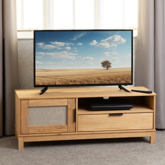 Product photograph of Central Wooden Tv Stand With 1 Door 1 Drawer In Waxed Pine from Furniture in Fashion