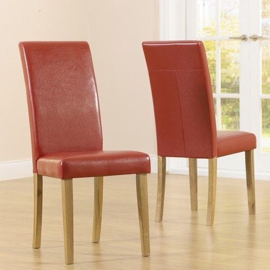 Cephas Red Faux Leather And Solid Oak Dining Chairs In Pairs FiF