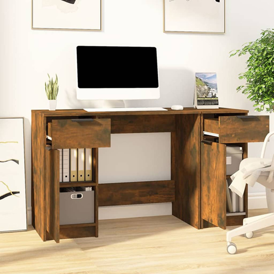 Ceri Computer Desk With 2 Doors 2 Drawers In Smoked Oak
