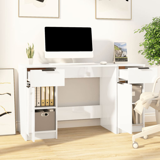 Ceri High Gloss Computer Desk With 2 Doors 2 Drawers In White_2