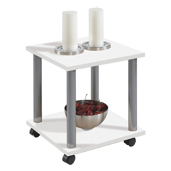 Ceron Wooden Side Table With Swivel Wheels In White Furniture in Fashion