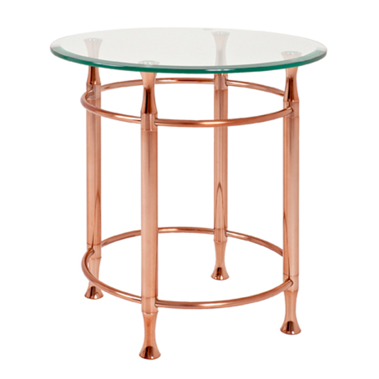 Photo of Cerrito round clear glass side table with copper metal base