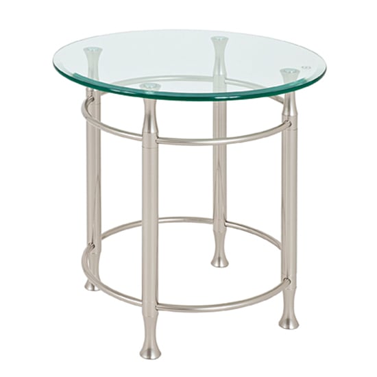 Product photograph of Cerrito Round Clear Glass Side Table With Stainless Steel Base from Furniture in Fashion