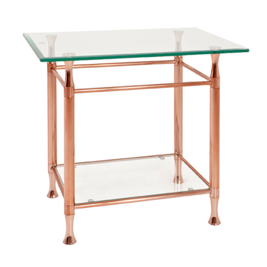 Photo of Cerrito square clear glass side table with copper metal base