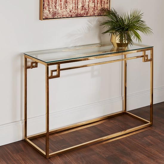 Product photograph of Cesar Clear Glass Console Table With Gold Frame from Furniture in Fashion