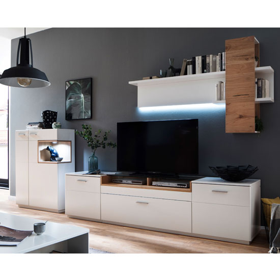Cesina LED Living Room Set In Oak And White With Shelving Unit | Furniture in Fashion