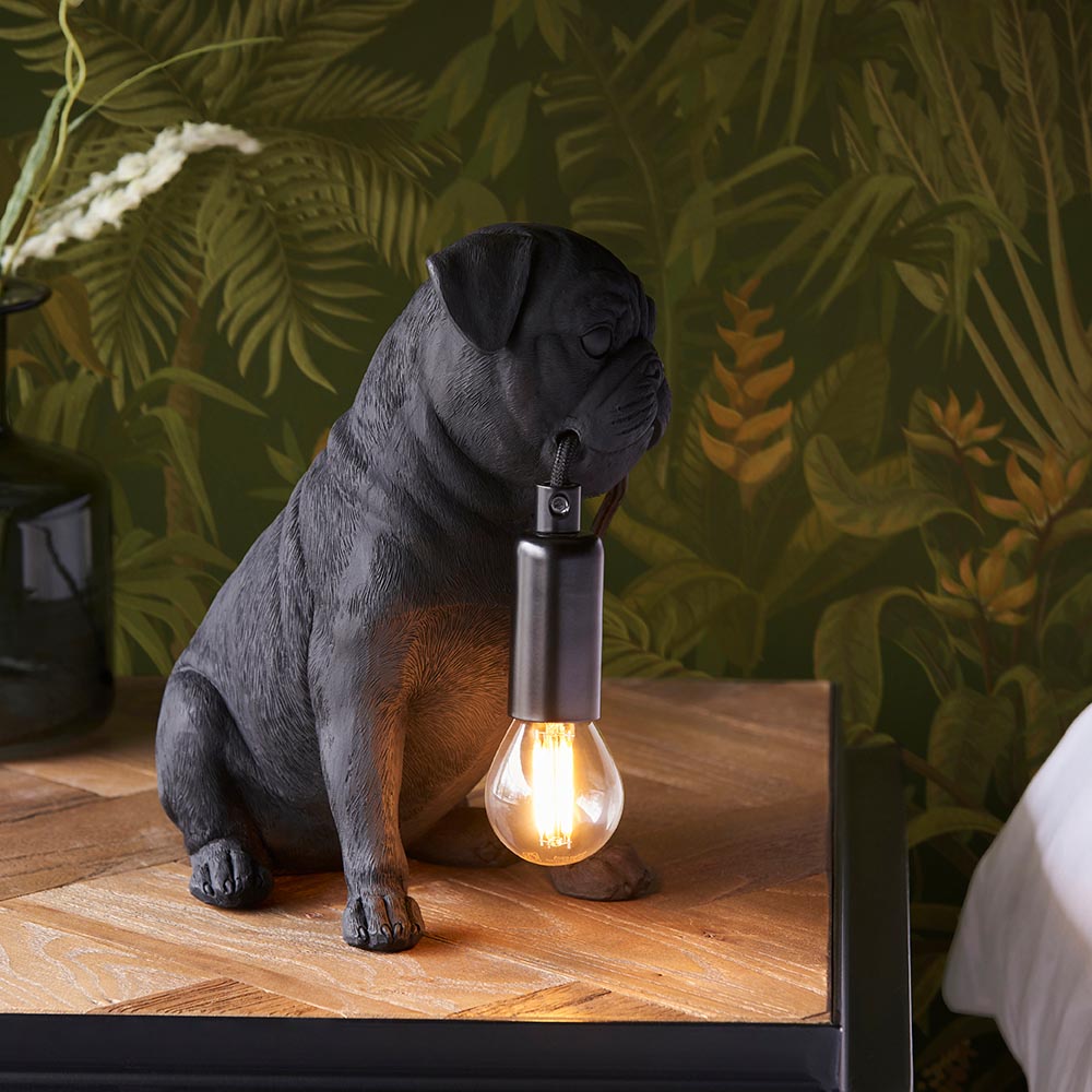 Cesme Resin Pug Puppy Shape Table Lamp In Matt Black
