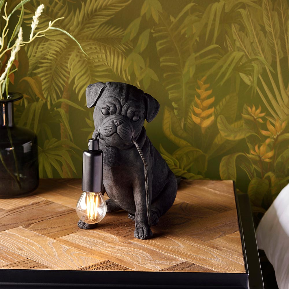 Cesme Resin Pug Puppy Shape Table Lamp In Matt Black