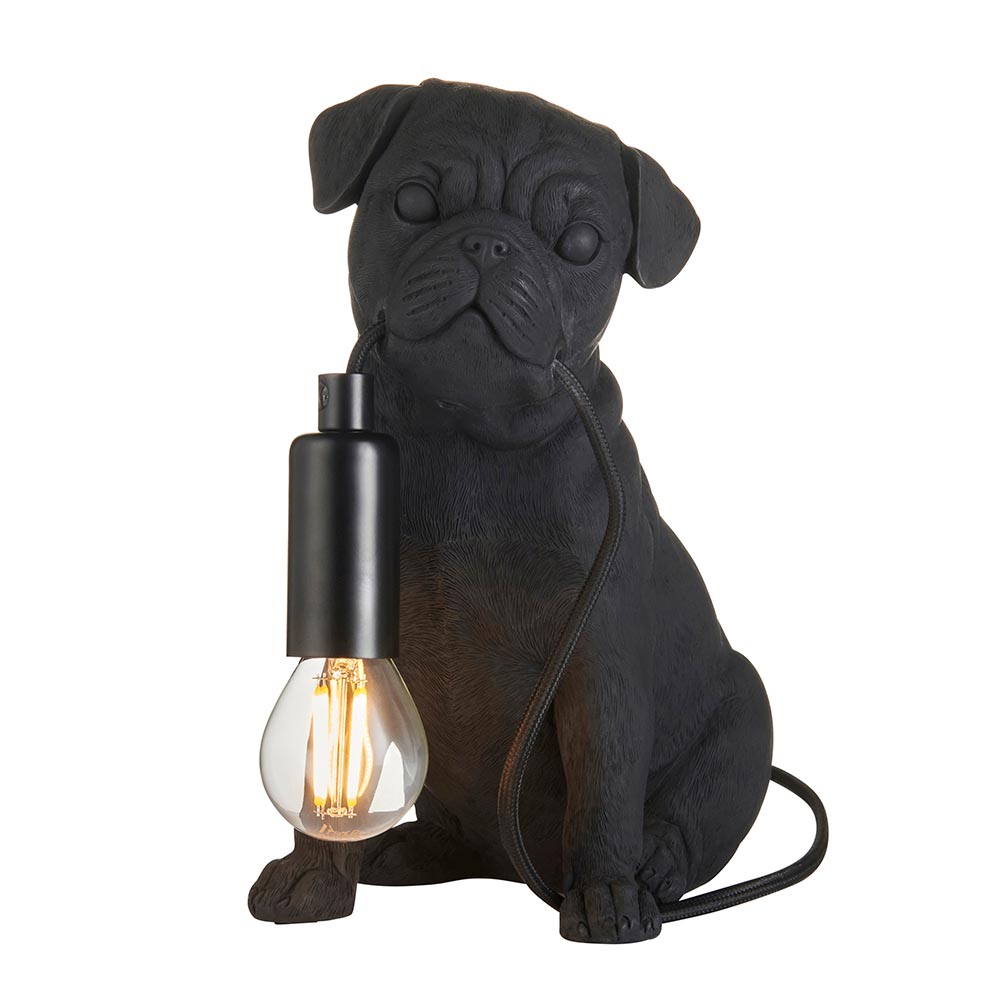 Cesme Resin Pug Puppy Shape Table Lamp In Matt Black