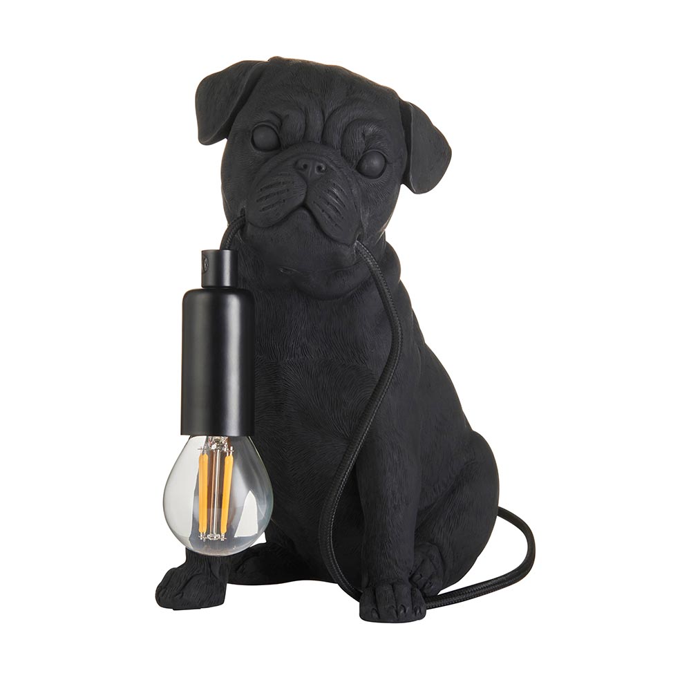 Cesme Resin Pug Puppy Shape Table Lamp In Matt Black