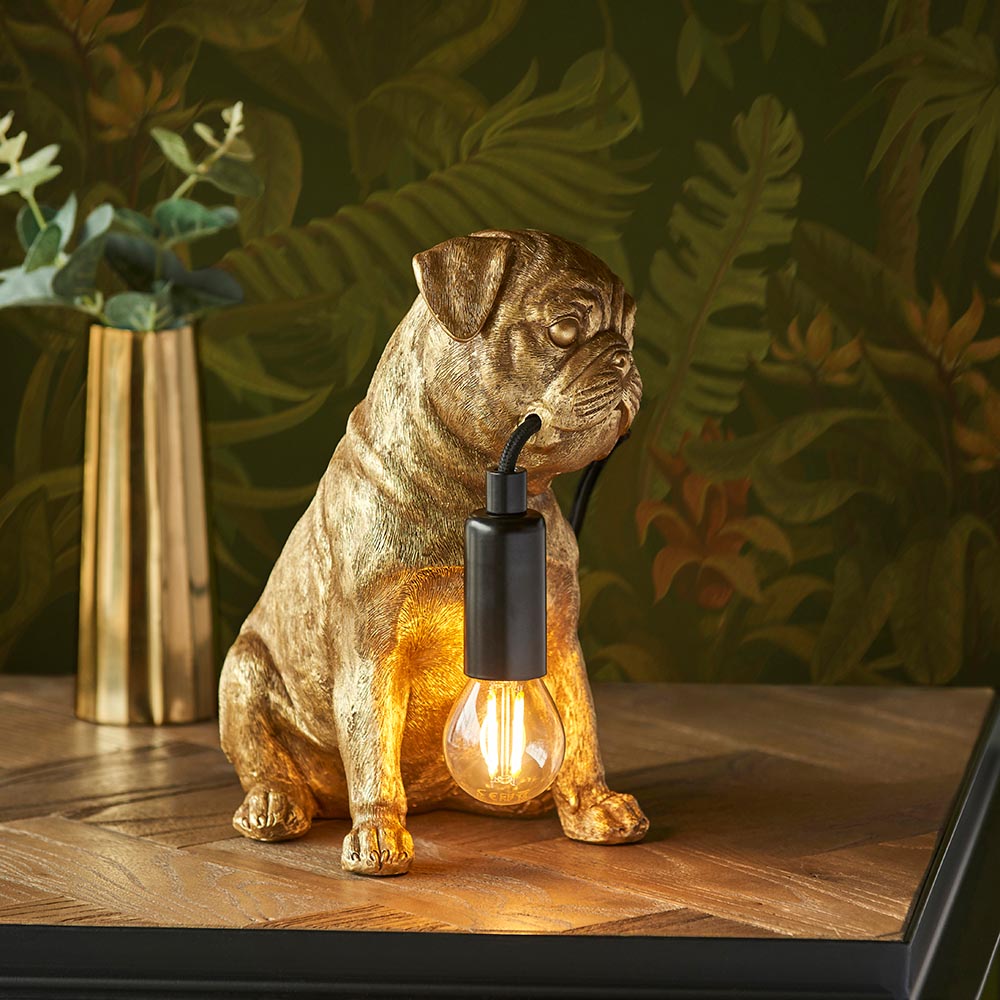 Cesme Resin Pug Puppy Shape Table Lamp In Vintage Gold