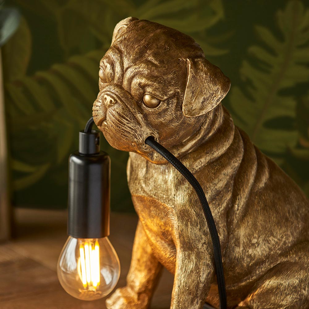 Cesme Resin Pug Puppy Shape Table Lamp In Vintage Gold