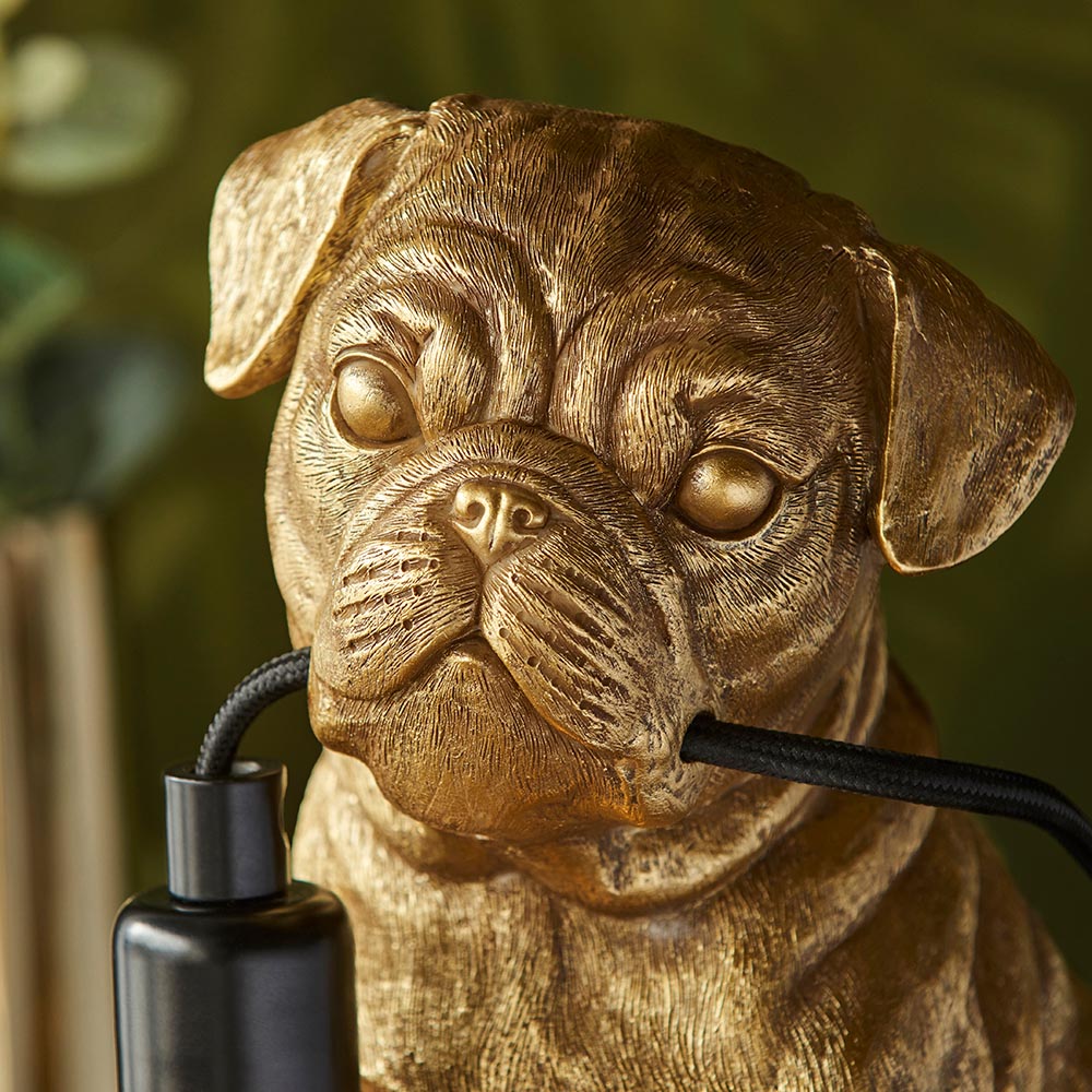 Cesme Resin Pug Puppy Shape Table Lamp In Vintage Gold