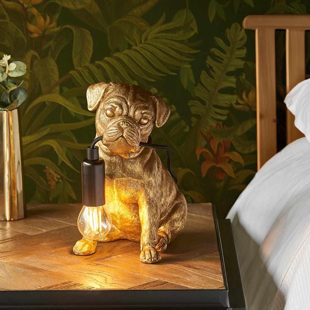 Cesme Resin Pug Puppy Shape Table Lamp In Vintage Gold