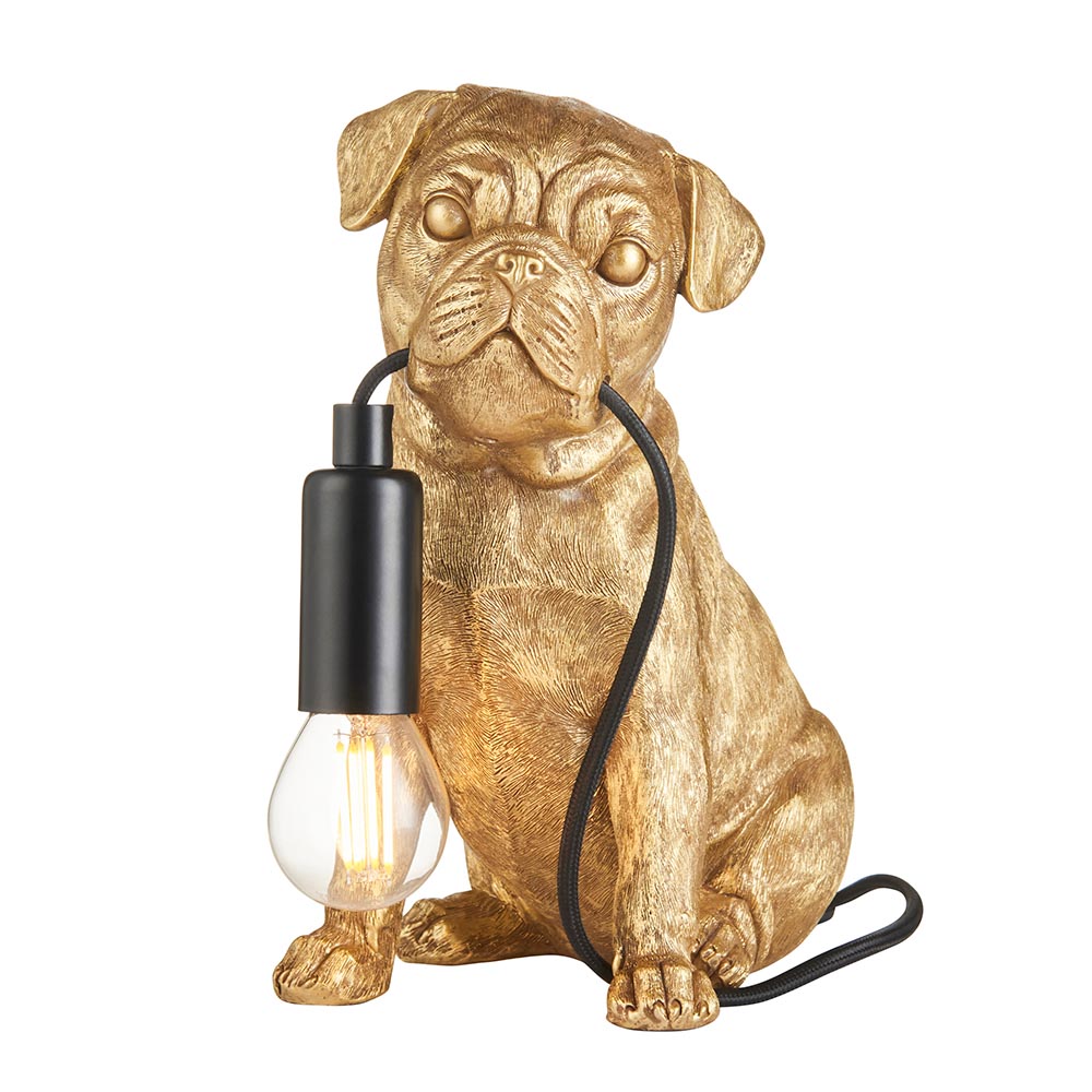 Cesme Resin Pug Puppy Shape Table Lamp In Vintage Gold