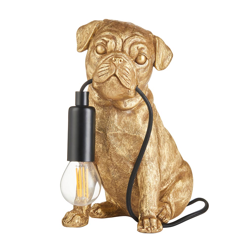 Cesme Resin Pug Puppy Shape Table Lamp In Vintage Gold