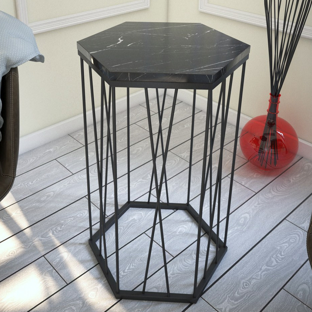 Cetrus Black Marble Effect Top Side Table with Metal Frame
