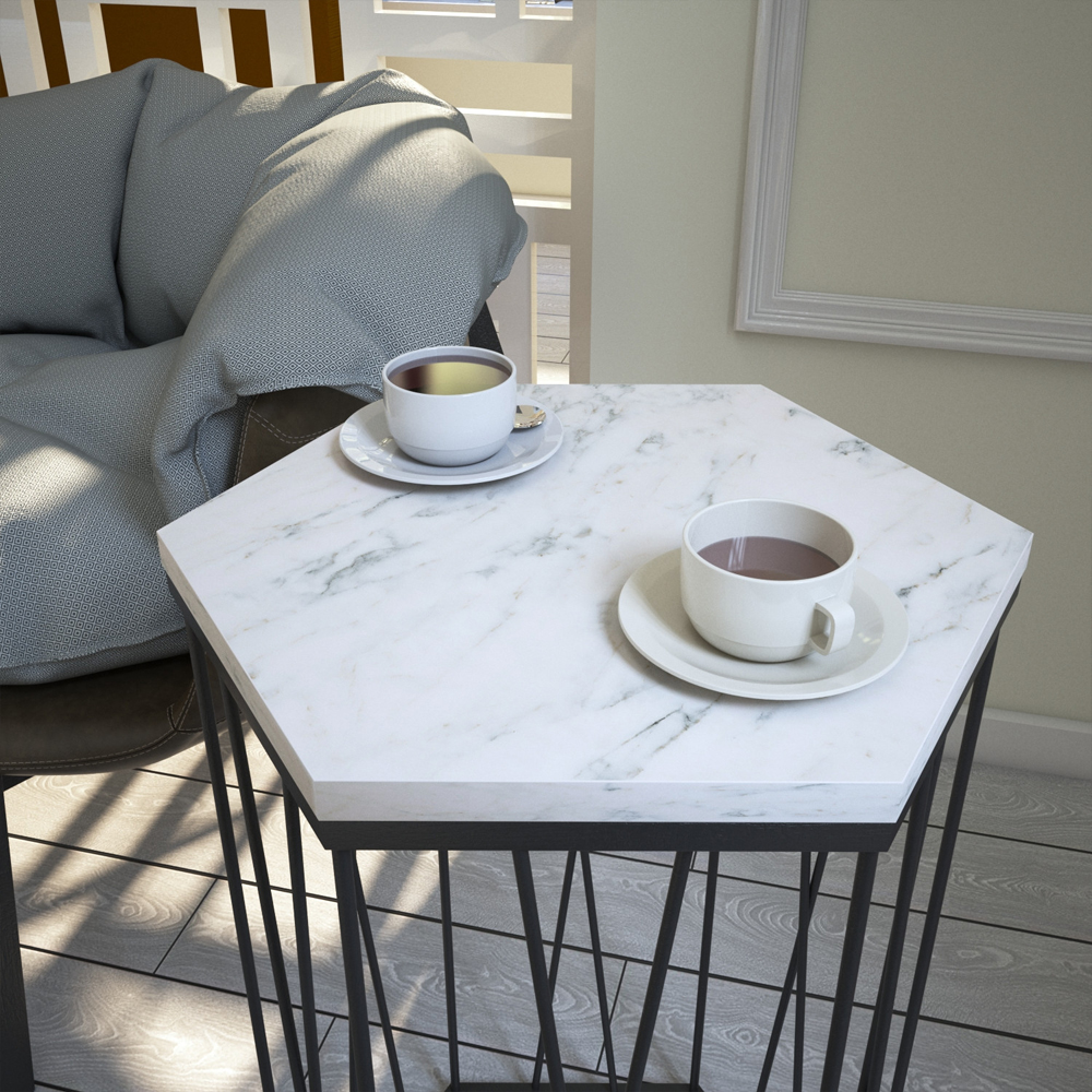 Cetrus Marmo White Wooden Top Side Table with Black Metal Frame