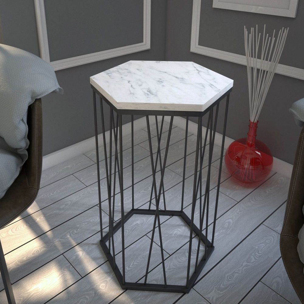 Cetrus Marmo White Wooden Top Side Table with Black Metal Frame