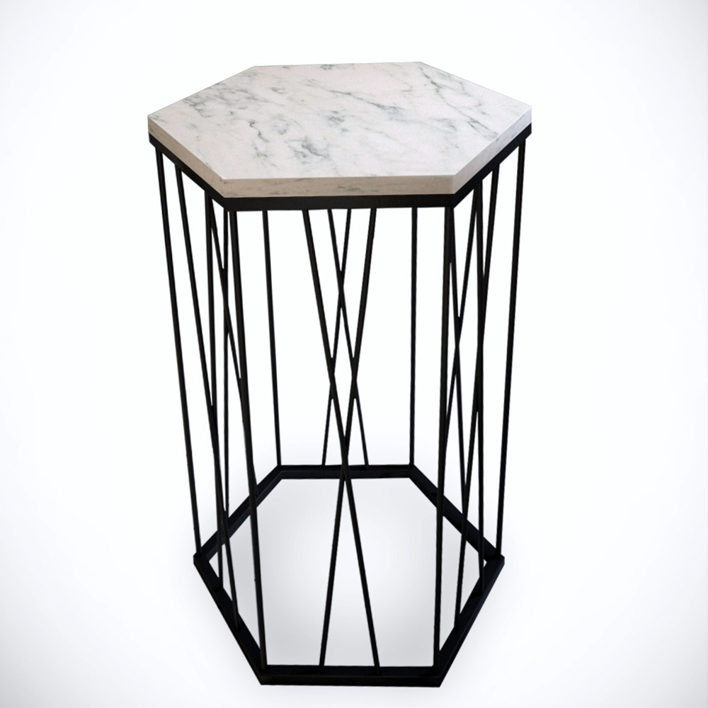 Cetrus Marmo White Wooden Top Side Table with Black Metal Frame