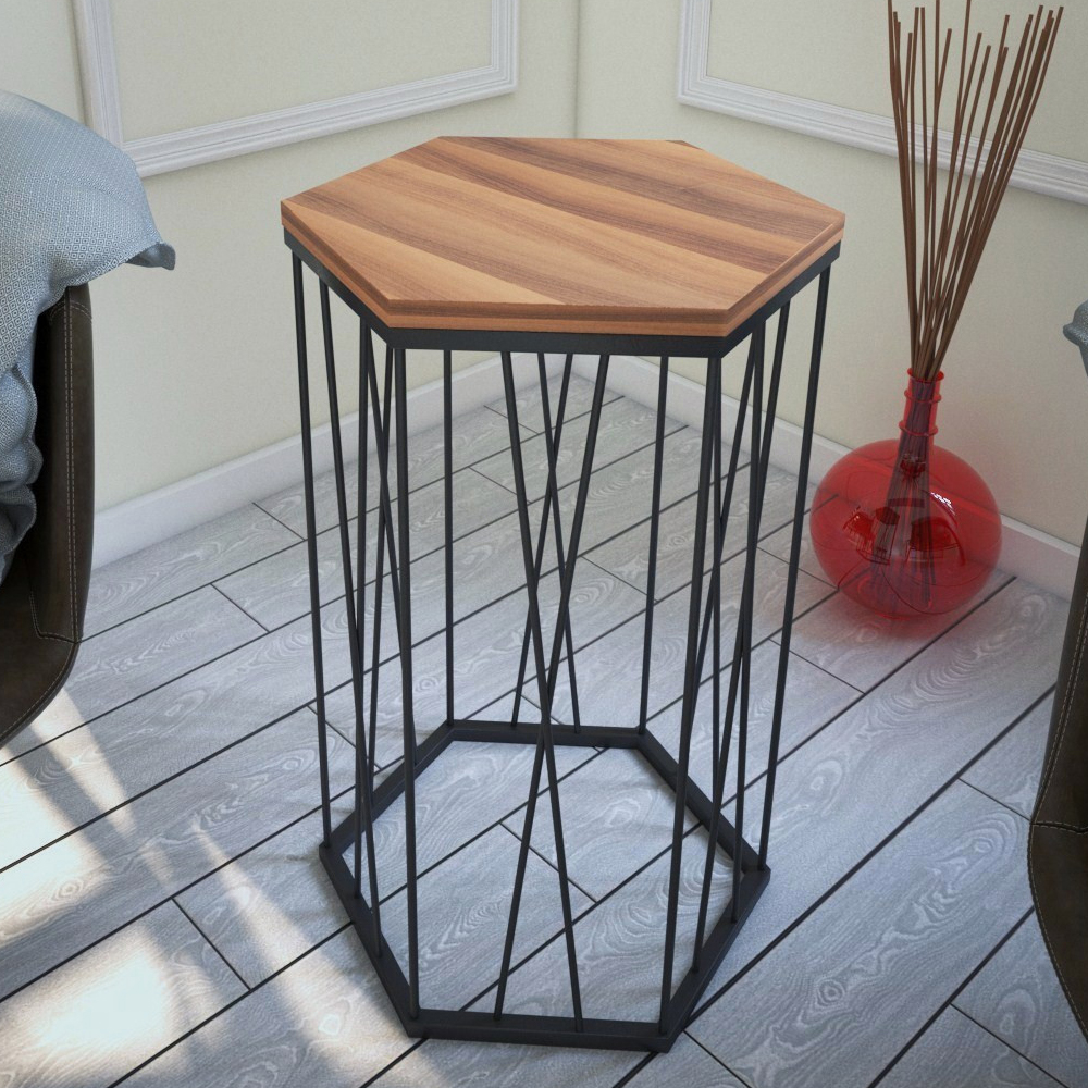 Cetrus Walnut Wooden Top Side Table with Black Metal Frame