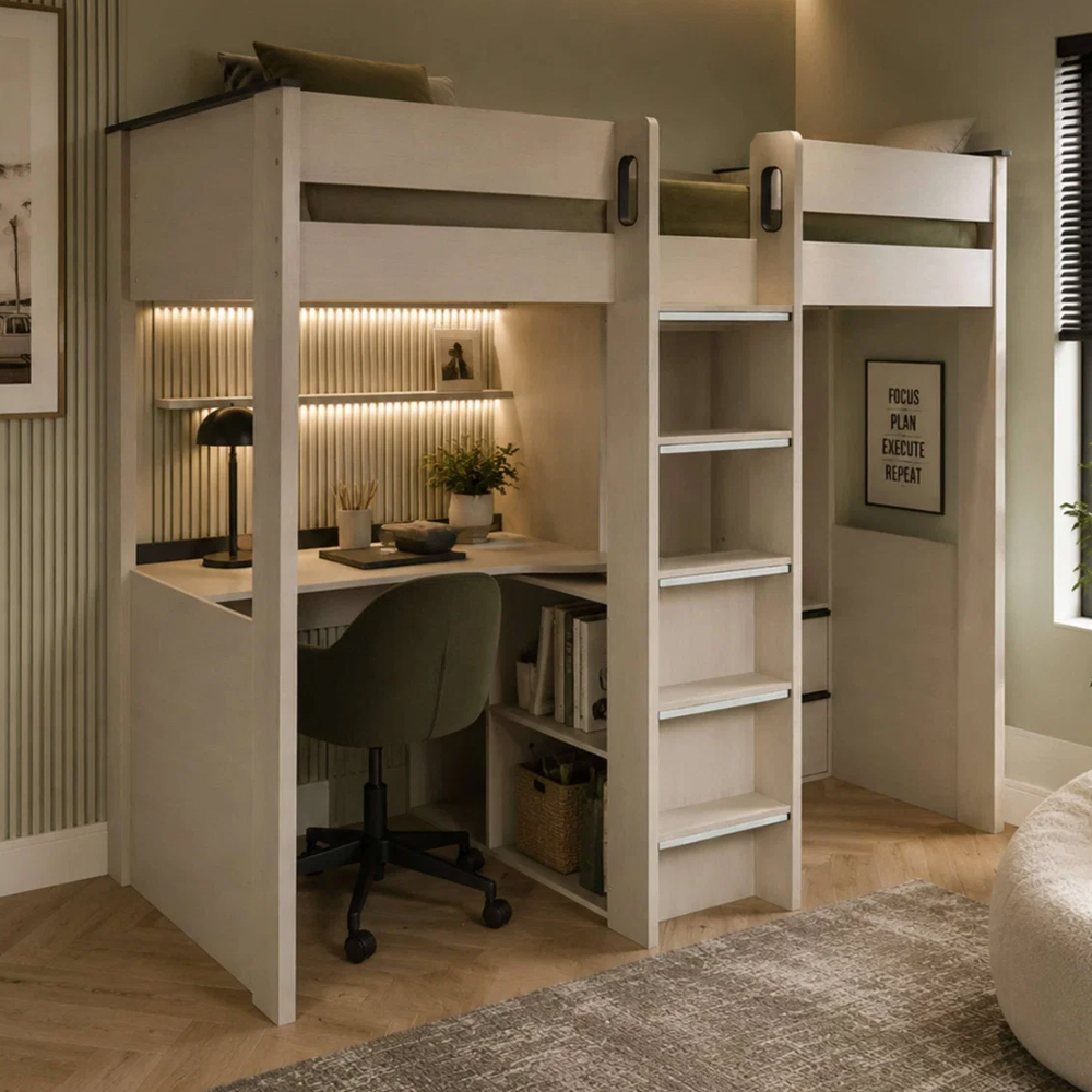 Cevlune Wooden Highsleeper Bunk Bed with Desk in White