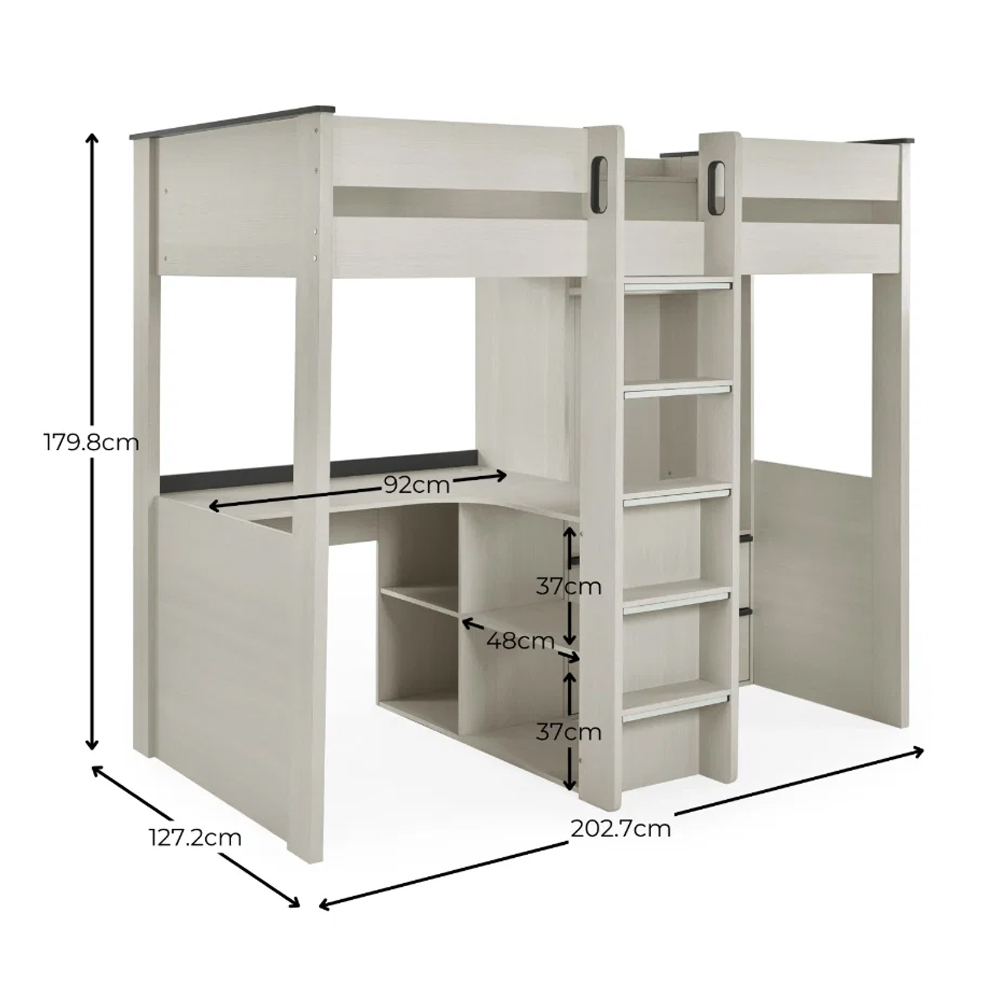 Cevlune Wooden Highsleeper Bunk Bed with Desk in White