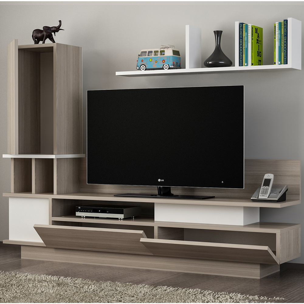 Ceyline Wooden TV Stand With 3 Doors And Wall Shelf In White Cordoba