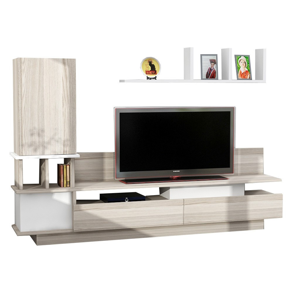 Ceyline Wooden TV Stand With 3 Doors And Wall Shelf In White Cordoba