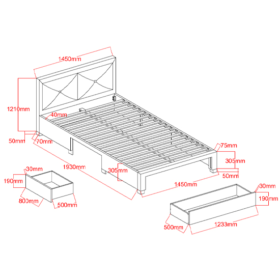 Cezanne Fabric Double Bed With Drawers In Dark Grey