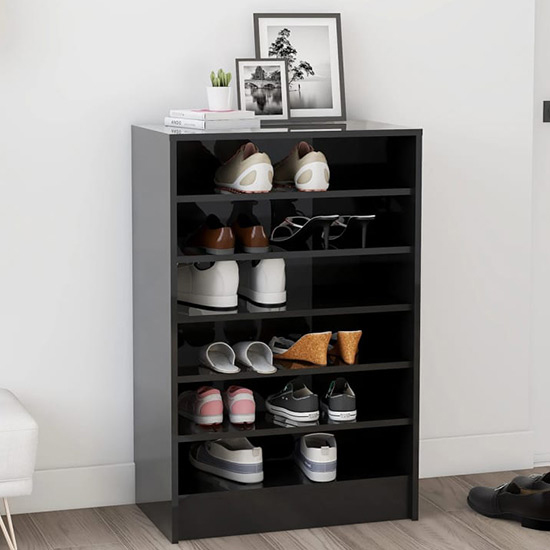 Read more about Cezary high gloss shoe storage rack with 7 shelves in black