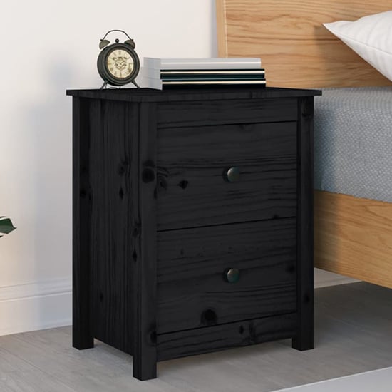 Photo of Chael pine wood bedside cabinet with 2 drawers in black