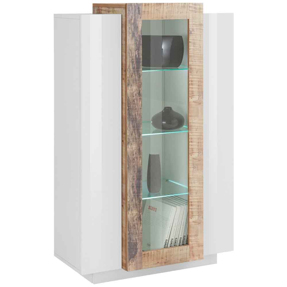 Chandler High Gloss Display Cabinet With 3 Doors In White And Pereira Maple