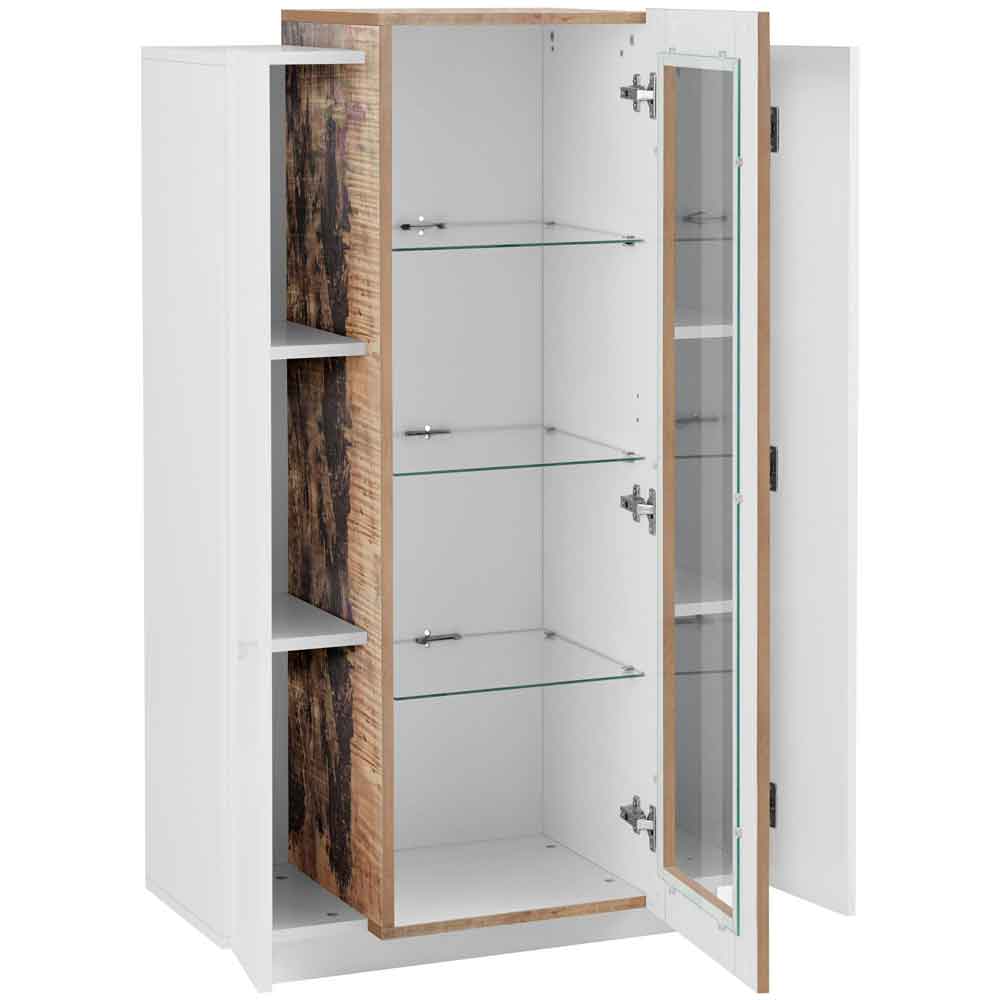 Chandler High Gloss Display Cabinet With 3 Doors In White And Pereira Maple