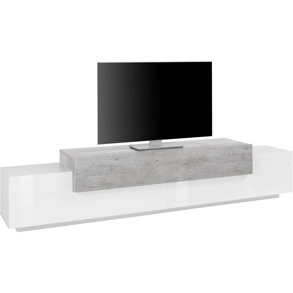 Chandler Large High Gloss TV Stand With 3 Flap Doors In White And Concrete