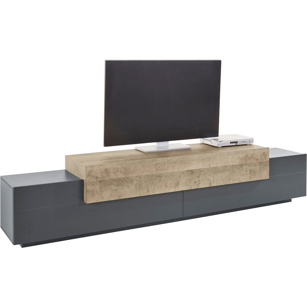 Chandler Large Wooden TV Stand With 3 Flap Doors In Anthracite And Oak
